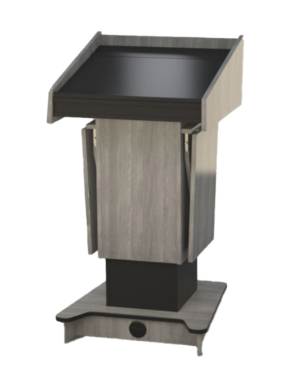 Post style lectern with external shelves in the lowered position.