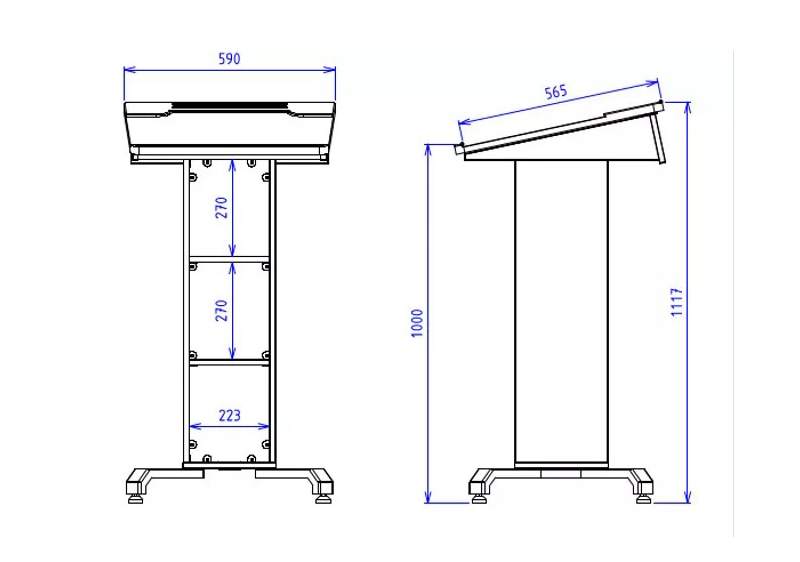 Post style lectern with fixed and removable open shelves with angled lift up worktop.