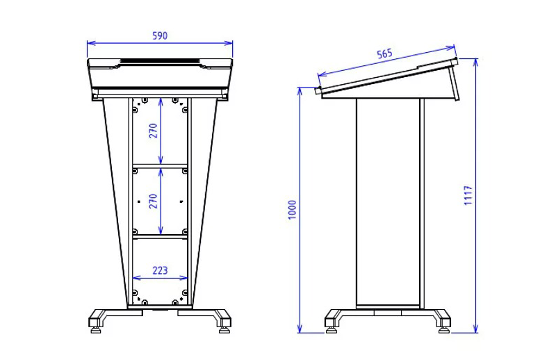 BGL-PS50-P Post style lectern with fixed and removable open shelves with angled lift up worktop