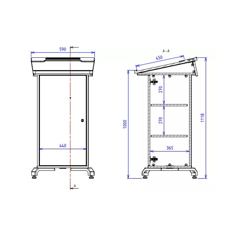 BGL-PSC75 Post style lectern with lockable cabinet and angled lift up worktop.