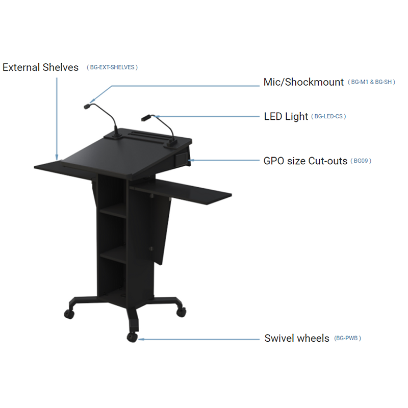 Post style lectern with fixed and removable open shelves with angled lift up worktop