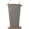 Post style lectern with fixed and removable open shelves with angled lift up worktop