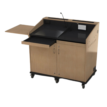 BGL-M02LA - Double bay lectern with optional keyboard drawer open. External shelf in raised position.