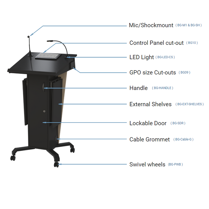 BGL-PS50-P Post style lectern with fixed and removable open shelves with angled lift up worktop