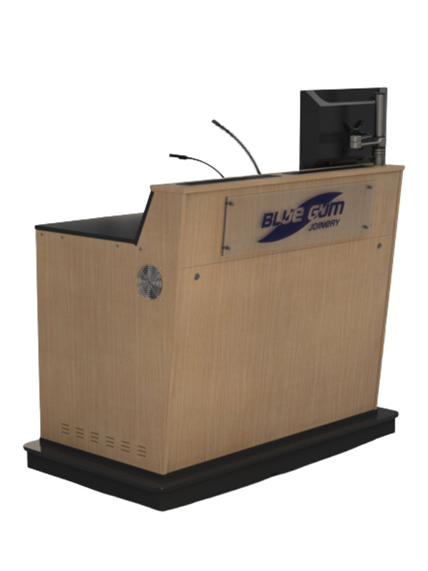 A-Series double bay lectern with castor wheels beind kickboards and perspex logo.