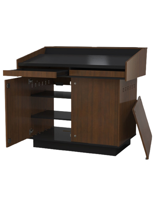 Double bay lectern with door and drawer open.