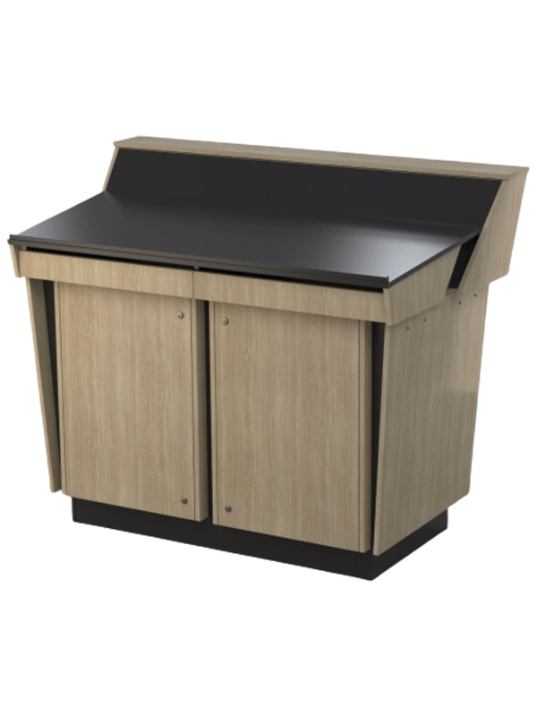 Double bay lectern built in Bleached Elm and Black melamine board.