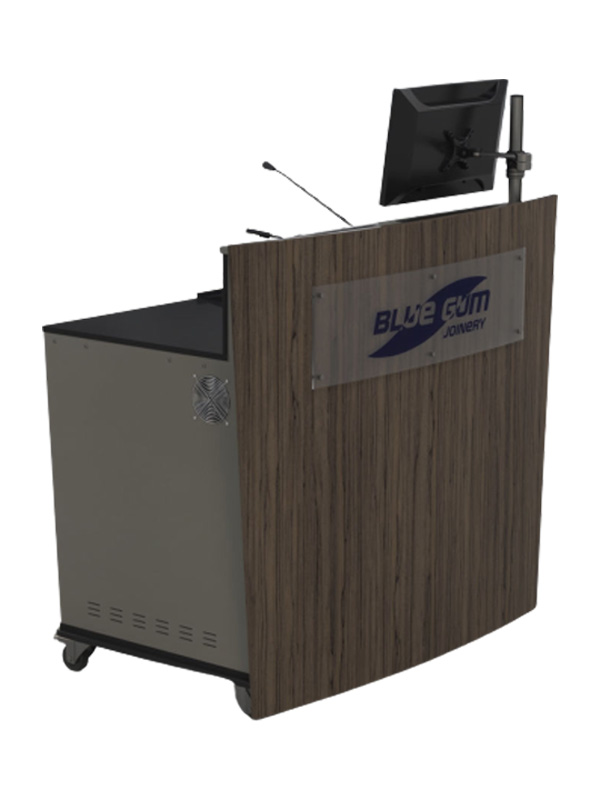 D-Series double bay lectern with optional perspex logo and monitor pole.