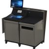 Two-door wide lectern with angled data panel where touch screens, power/data points etc