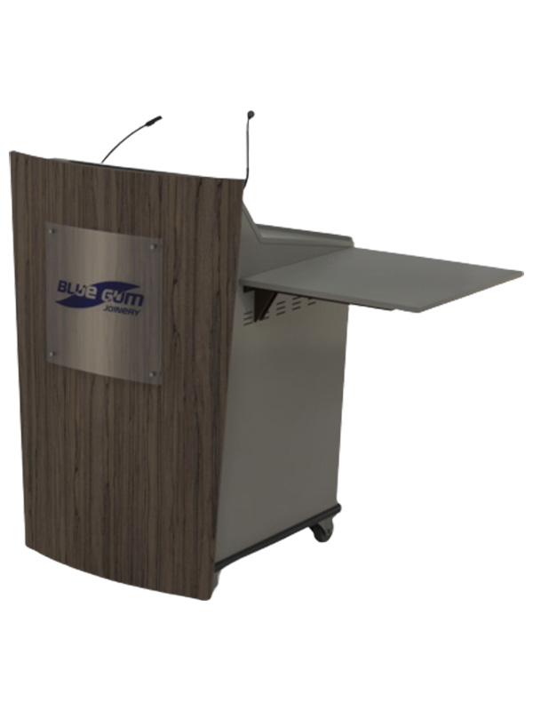 Single bay lectern with optional logo and castor wheel base.