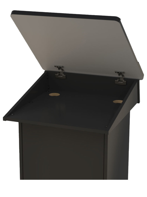 Lectern showing hinged top in open position.