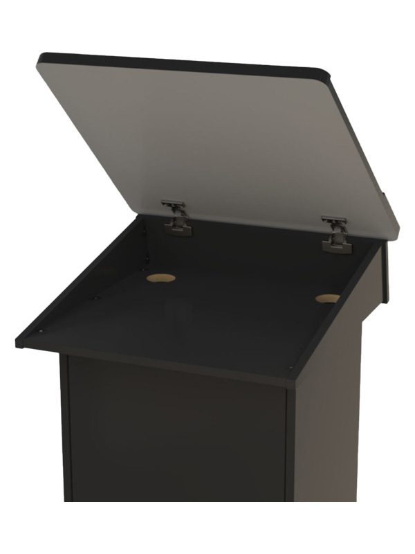Post style lectern shown with hinged top in open position.