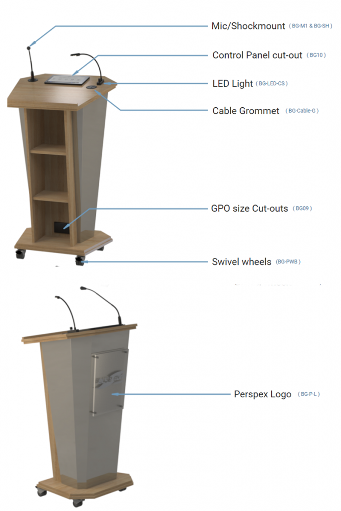 Post style lectern with fixed and removable open shelves with angled lift up worktop.