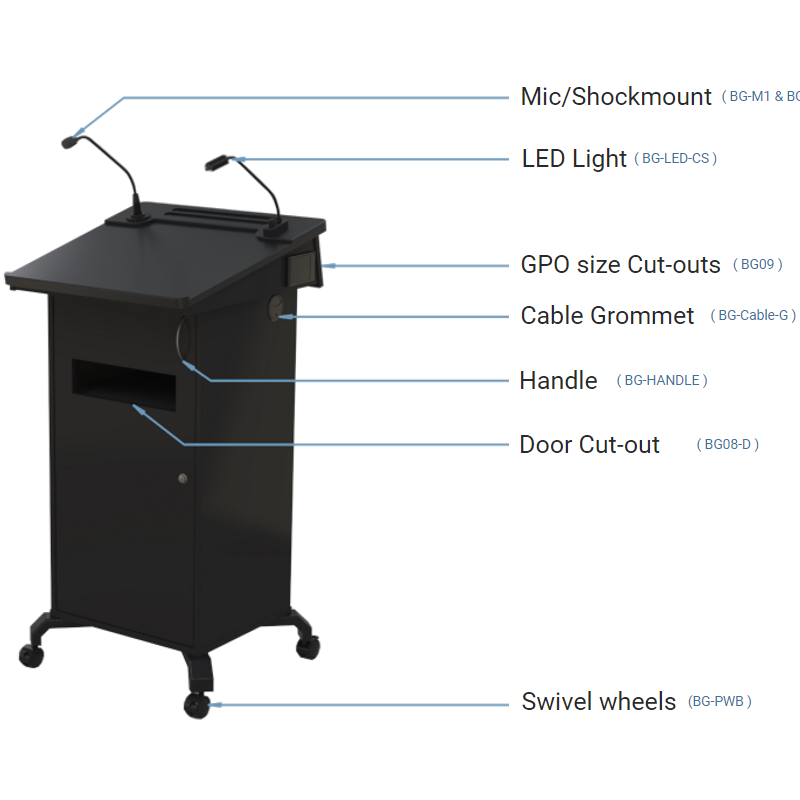 BGL-PSC75 Post style lectern with lockable cabinet and angled lift up worktop.