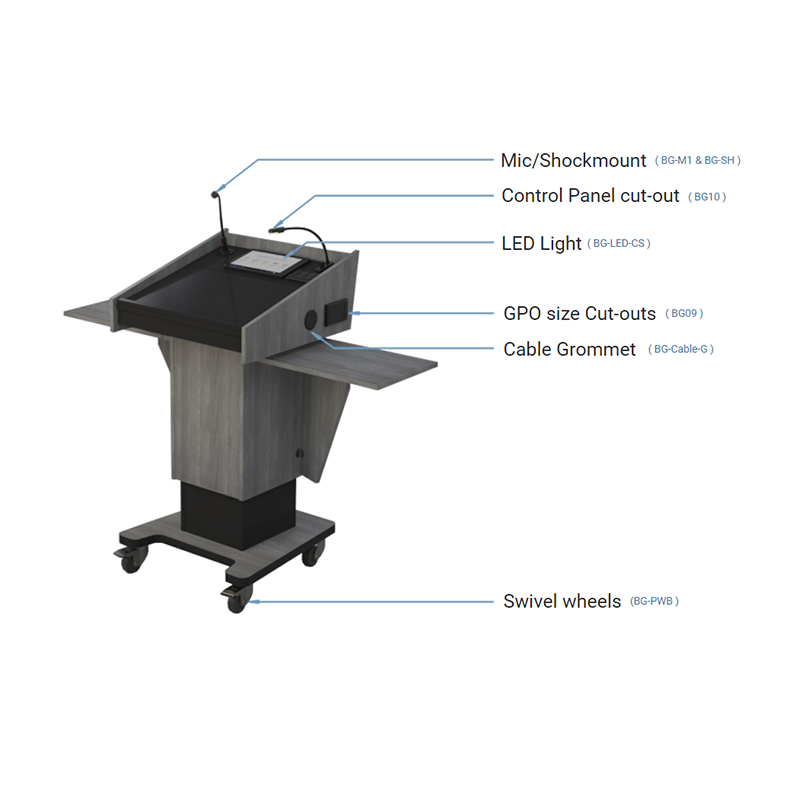 BGL-PS200-FH-S Post style lectern with fixed height and external fold-down shelves.