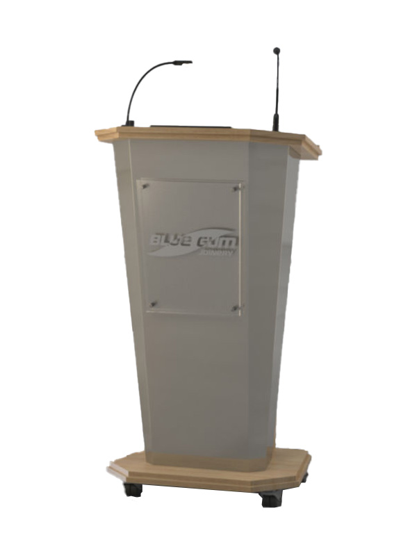 Post style lectern with fixed and removable open shelves with angled lift up worktop