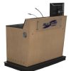 A-Series double bay lectern with castor wheels beind kickboards and perspex logo.