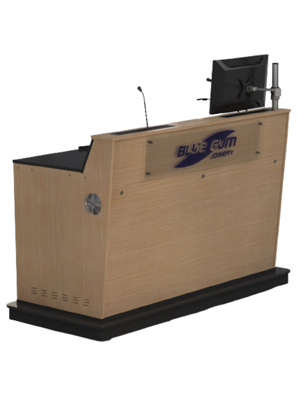 A-Series 3 bay lectern with cut-down ends and monitor pole.