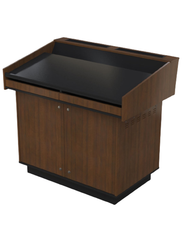 Double bay lectern with door and drawer open.