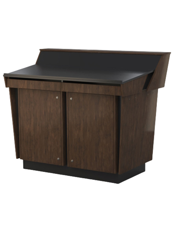 Double bay lectern built in Aged Walnut and Black melamine board.
