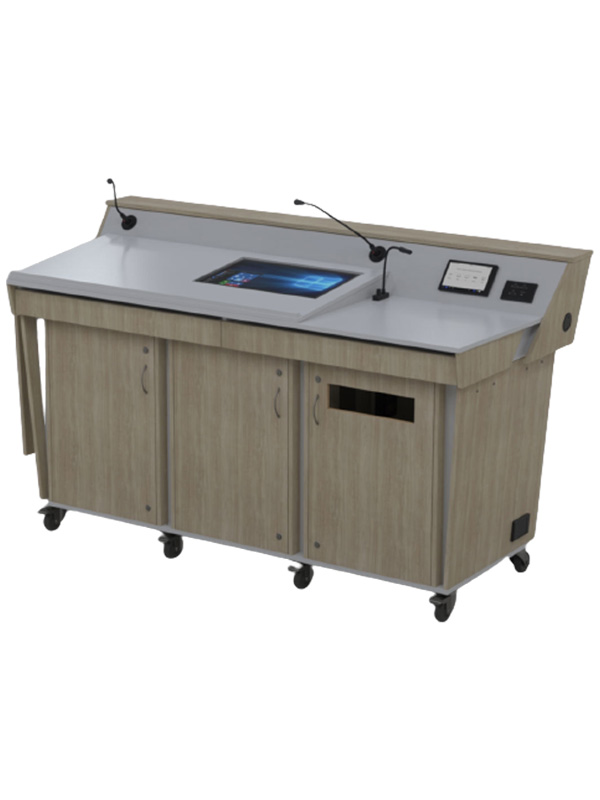 Triple bay lectern is a three-door wide lectern with pull out keyboard drawers and angled data panel
