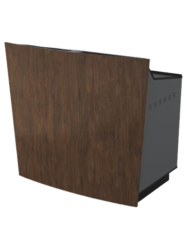 D-Series double bay lectern with Gunmetal grey body and aged walnut curved panel.